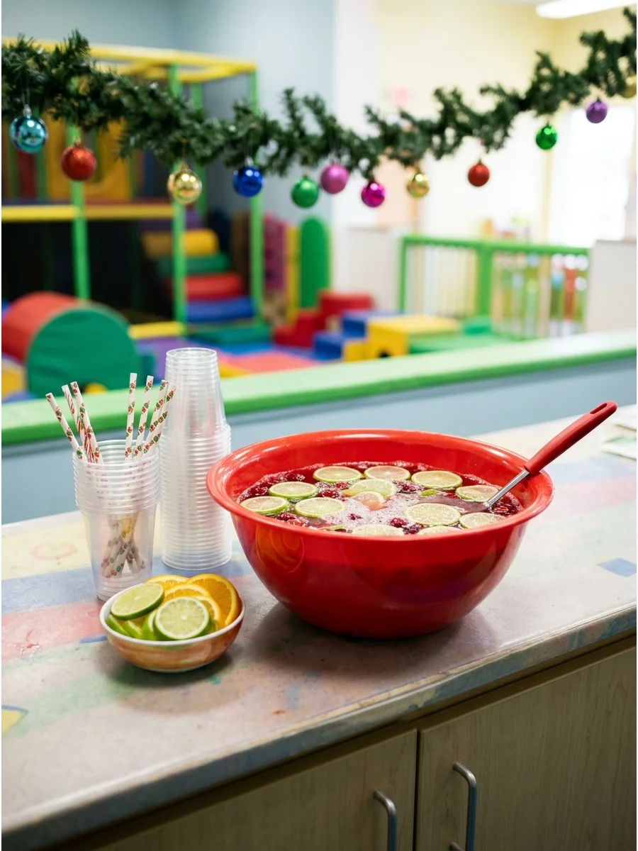 A red punch bowl with lime slices on a colorful counter.