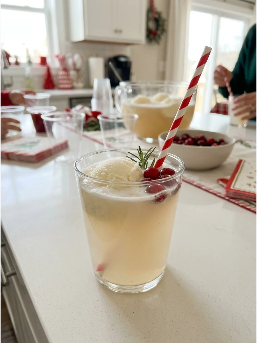 A clear glass of white punch with a scoop of sherbet.