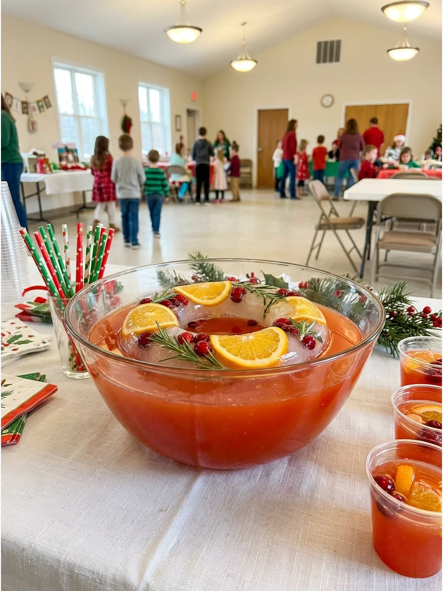A punch bowl with a large ice ring and fruit slices.