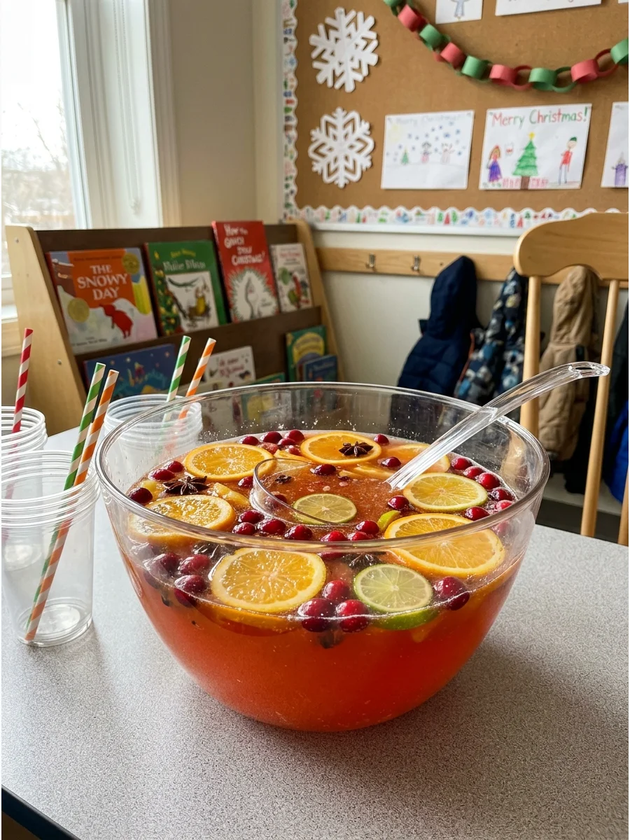 A clear bowl of red punch with floating orange wheels.