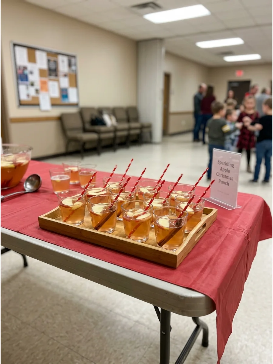 A tray of sparkling apple punch in small glasses with cinnamon sticks.