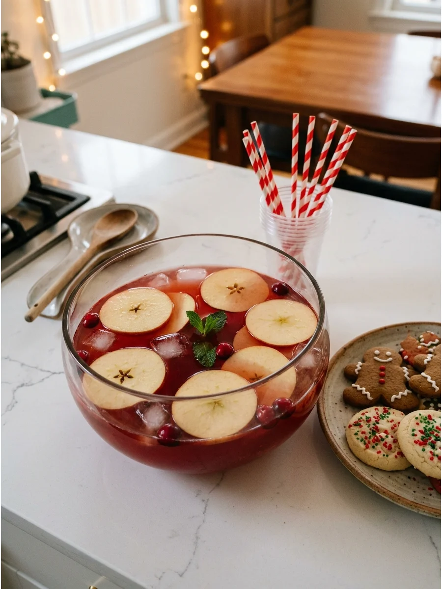 A punch bowl with apple slices next to a plate of Christmas cookies.