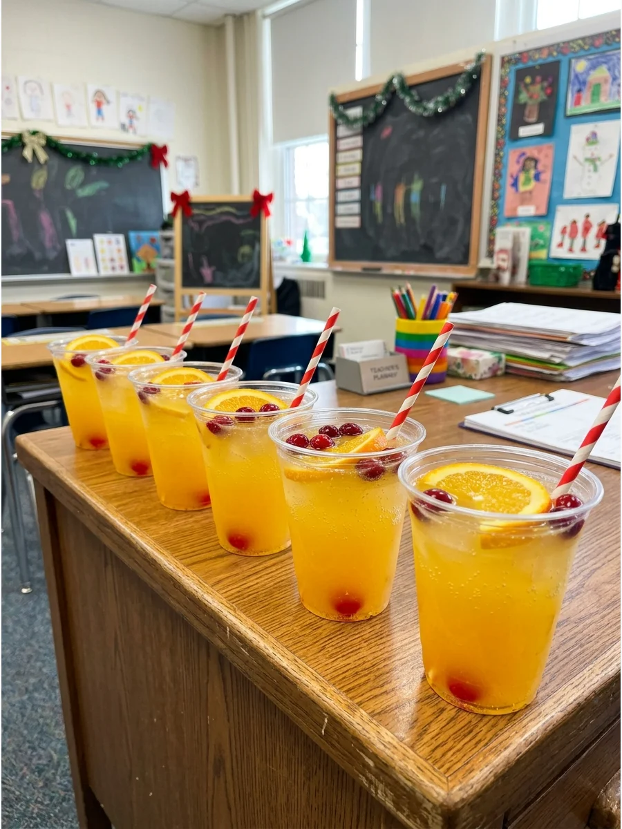 Clear cups of yellow punch with a red cherry in each cup on a desk.