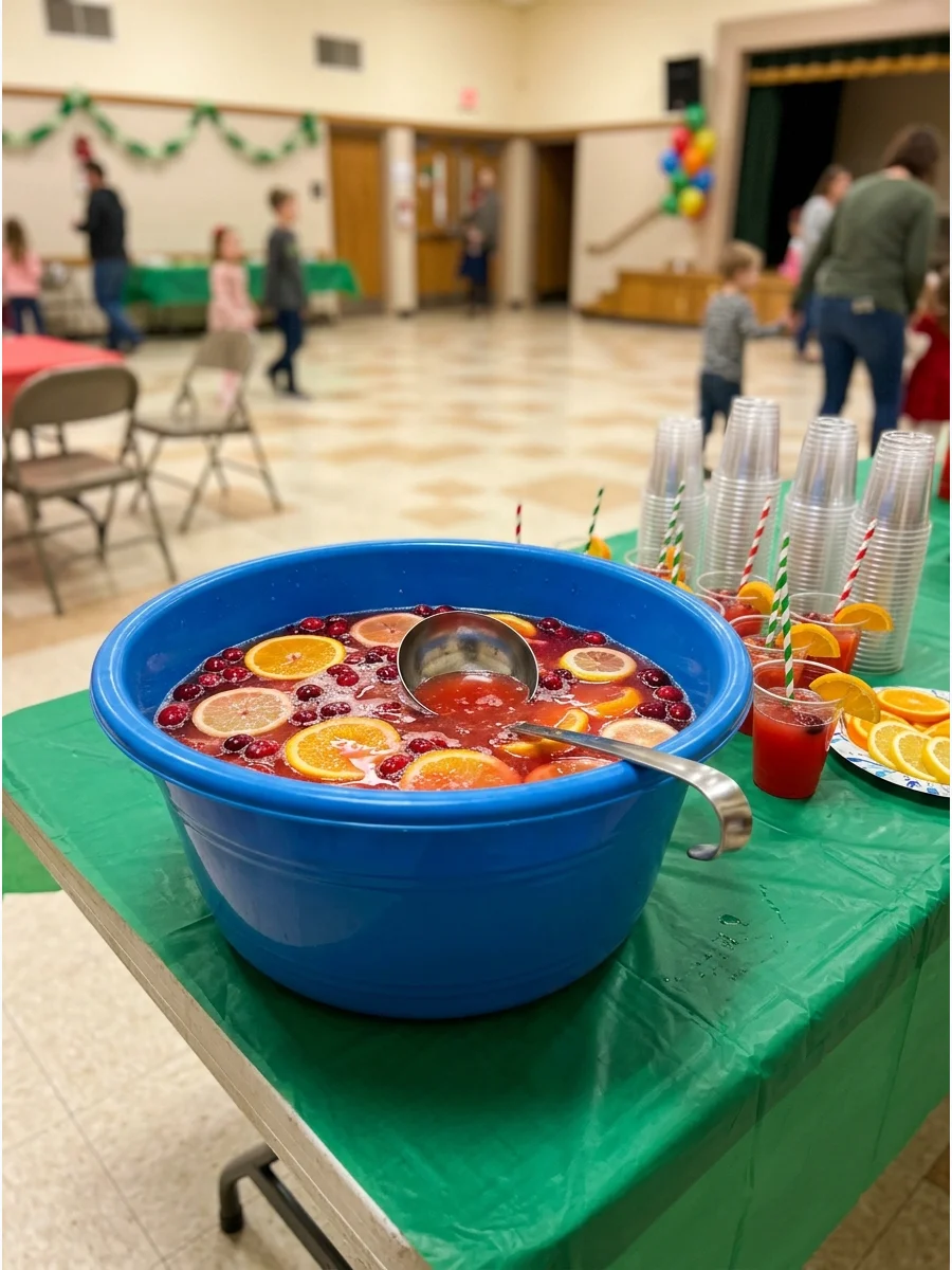 A large tub of red fruit punch with a silver ladle in a community hall.