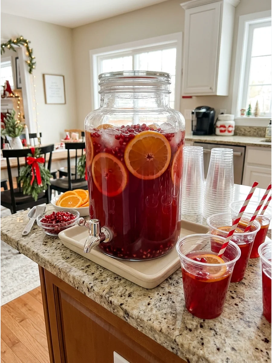 A glass beverage dispenser with dark red punch on a kitchen island.