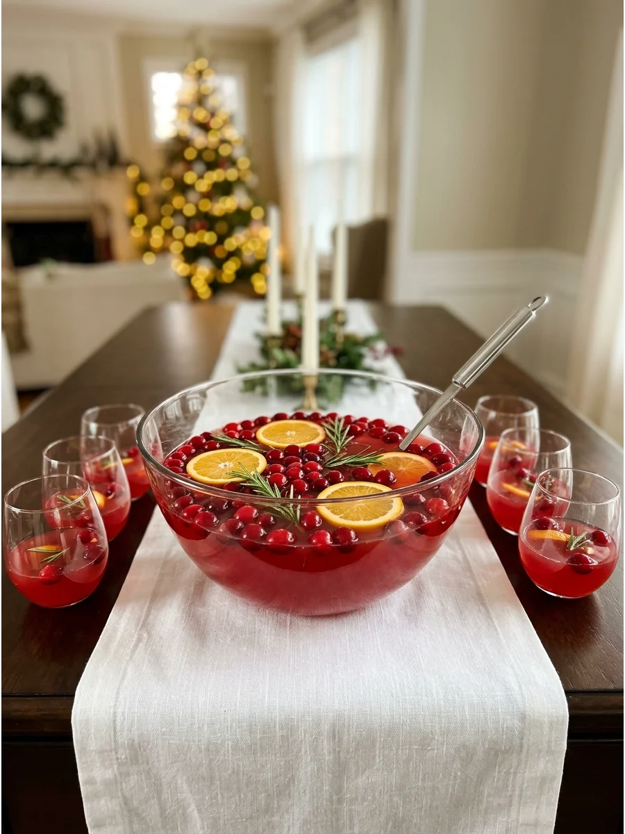 A glass punch bowl filled with red cranberry punch and floating orange slices on a sideboard.