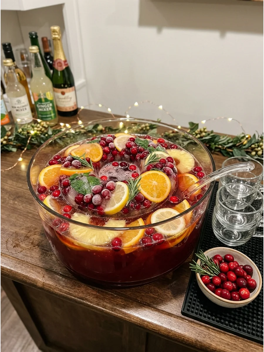 Punch bowl on a bar featuring a decorative ice ring with cranberries and mint.