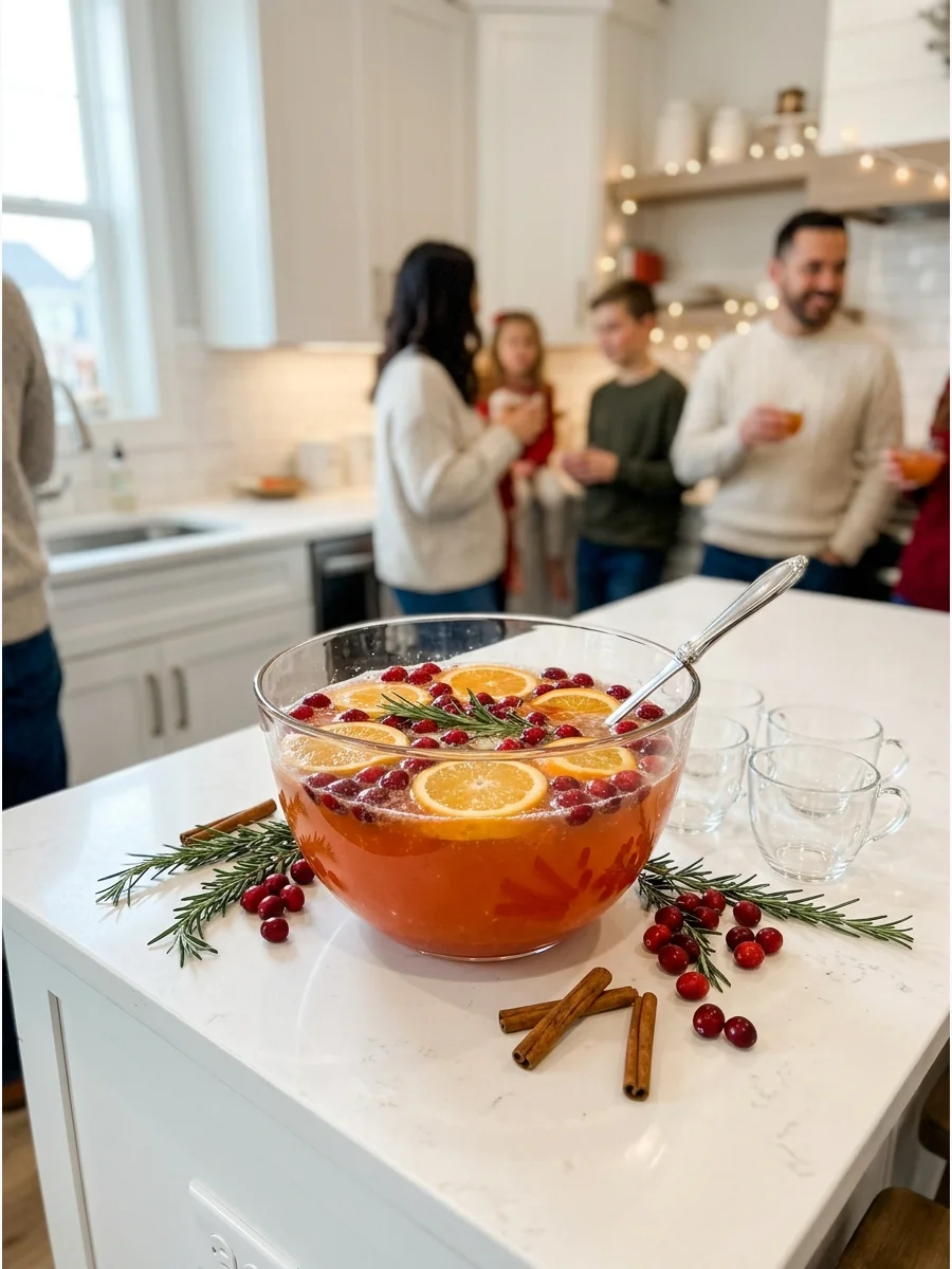 A red fruit punch in a glass bowl with orange slices on a kitchen island.