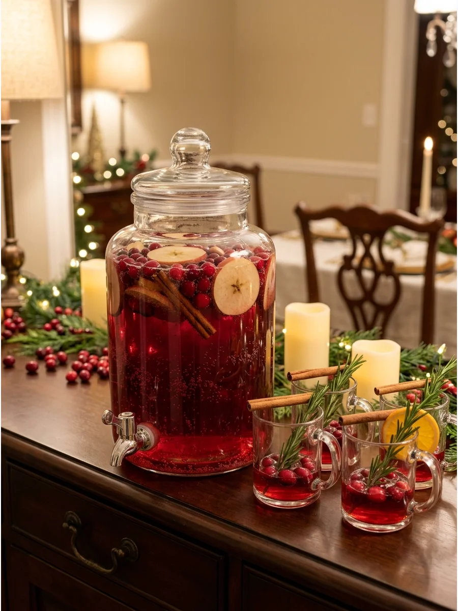 Sparkling apple cranberry punch in a glass dispenser with apple slices.