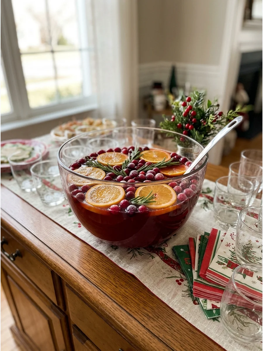 Cranberry ginger ale punch with rosemary and frozen berries in a bowl.