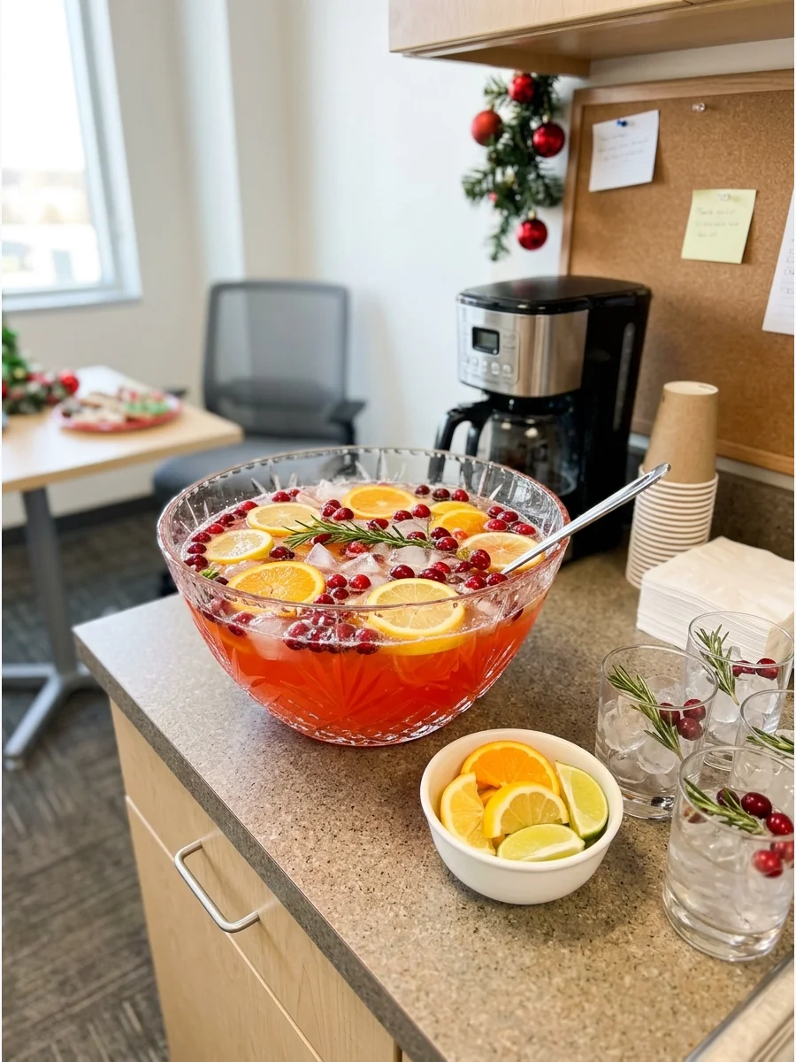 A citrus-infused cranberry punch on a breakroom counter with lemon and lime wedges.