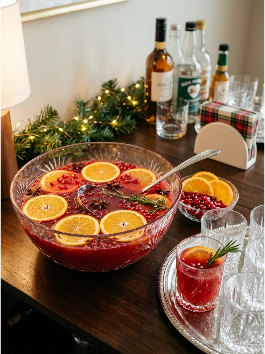 Pomegranate orange punch in a crystal bowl with floating seeds and orange slices.