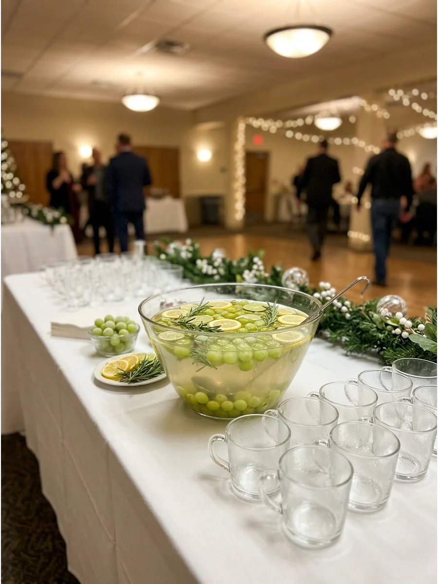 White cranberry punch with green grapes and rosemary in a glass bowl.