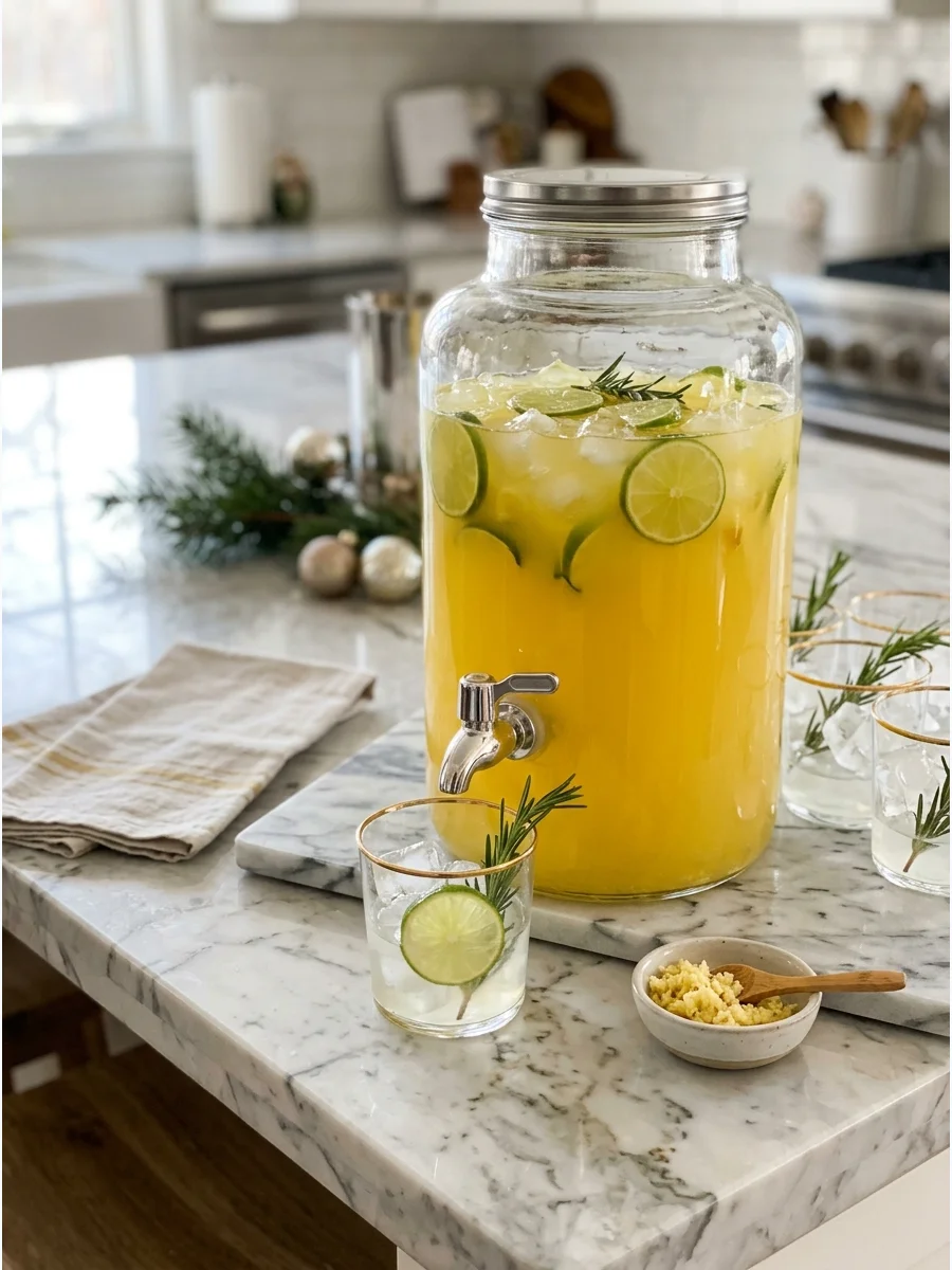 Yellow pineapple ginger punch in a glass dispenser with lime slices.