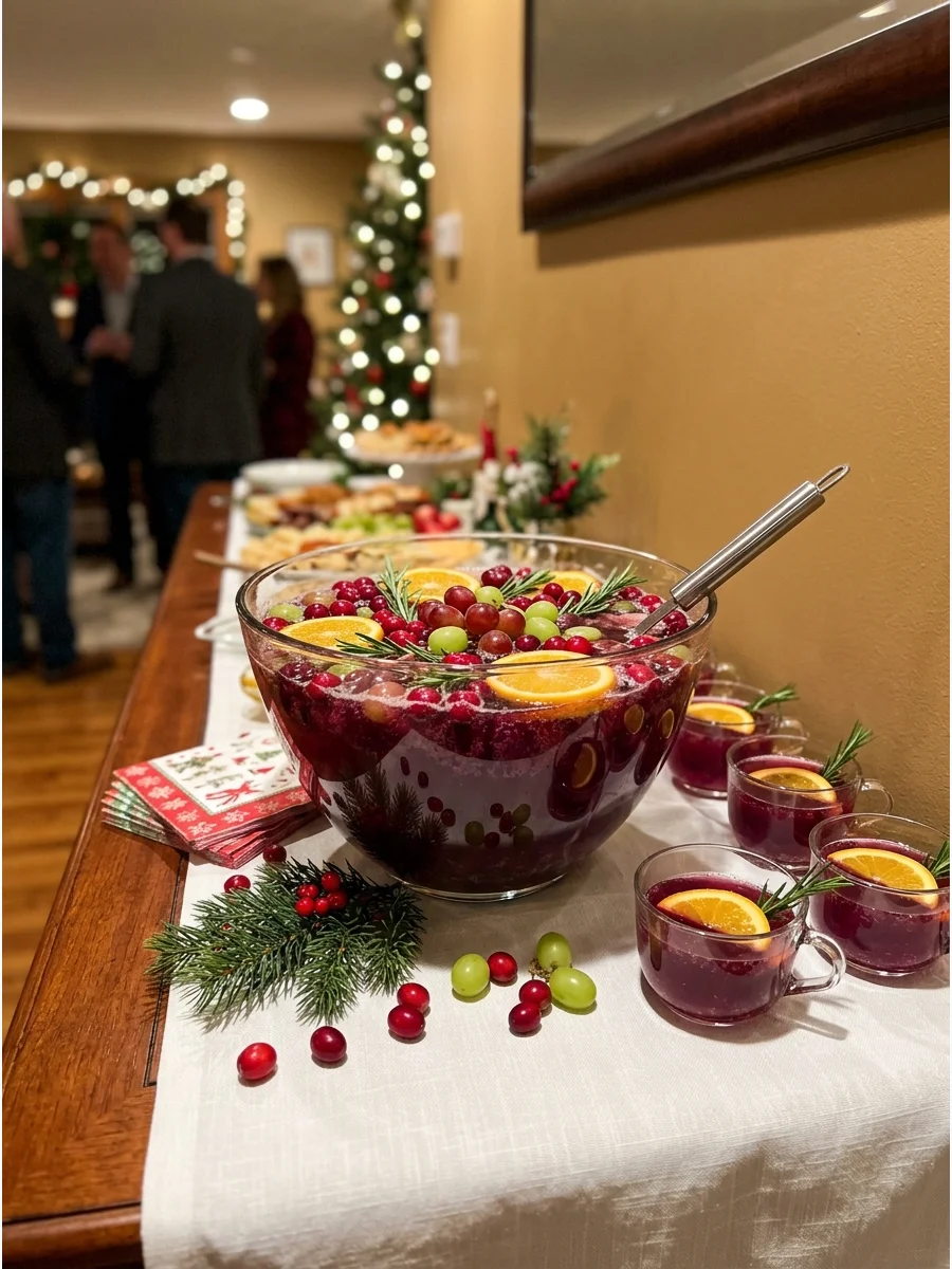 Sparkling grape punch with fresh grapes in a large glass bowl.