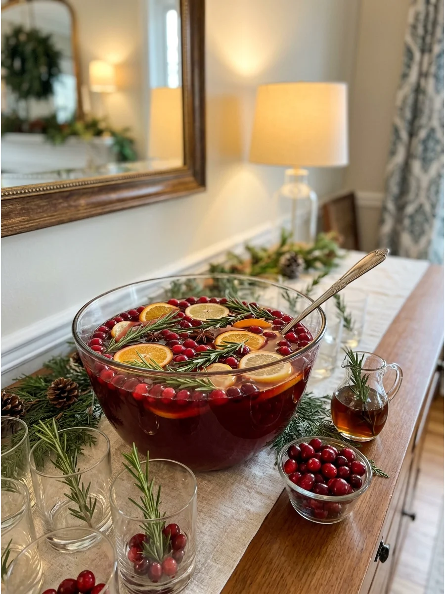 Cranberry punch garnished with rosemary sprigs on a wooden sideboard.