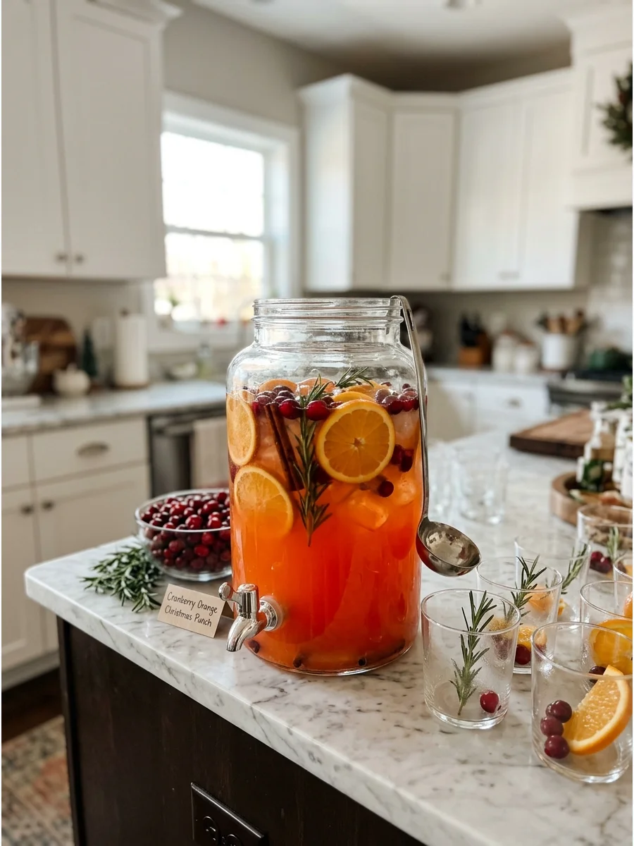 A beverage dispenser on a kitchen island containing orange and cranberry punch with citrus slices.
