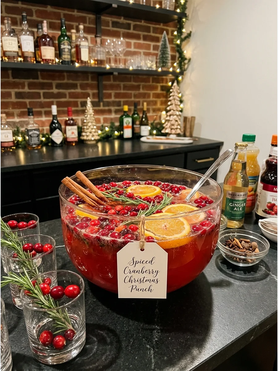 Spiced cranberry punch with cinnamon sticks in a glass bowl on a bar.