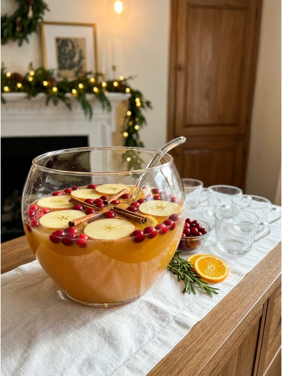 A glass punch bowl filled with apple cider punch and cinnamon sticks on a dining sideboard.