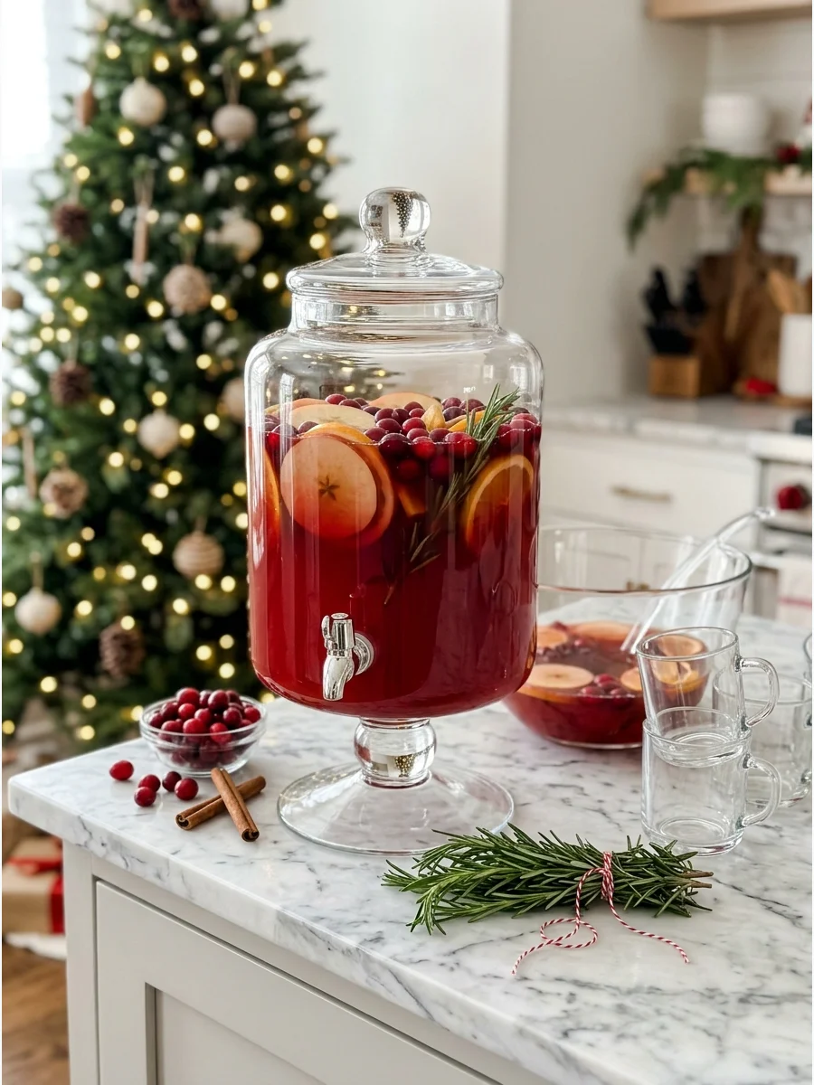 A clear beverage dispenser holding red cranberry apple cider punch on a marble island.