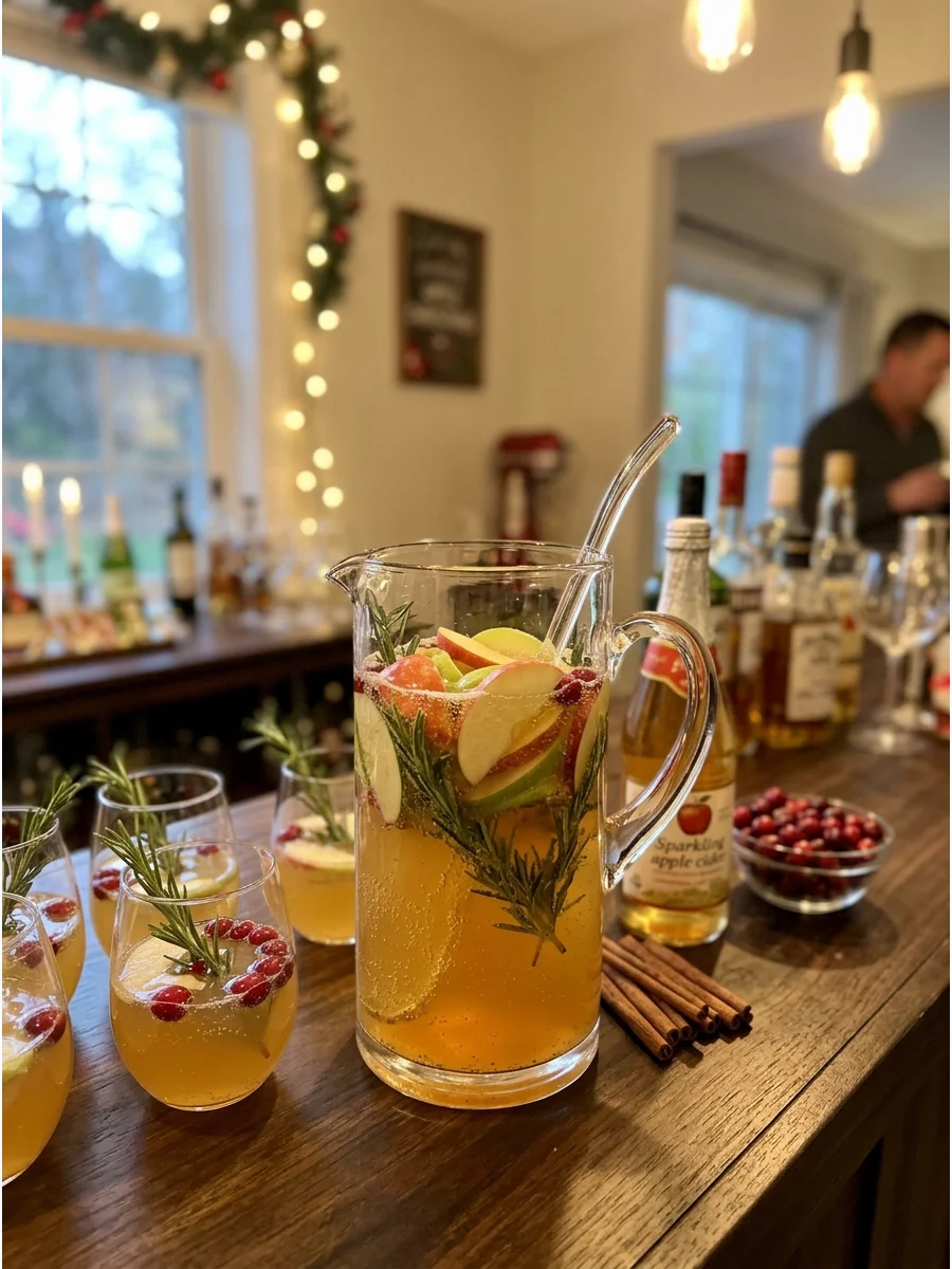 A glass pitcher of sparkling apple punch with rosemary garnishes on a wooden bar.