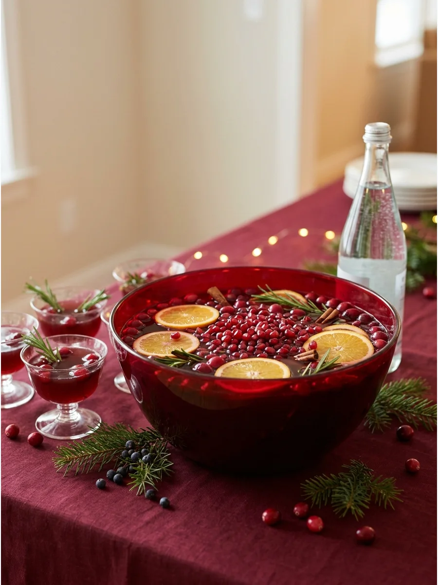 Pomegranate apple punch in a glass bowl with pomegranate seeds on a buffet table.