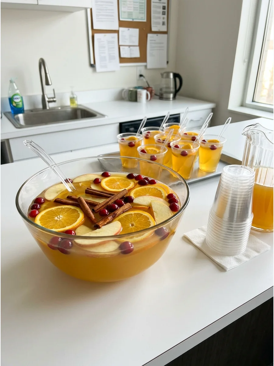 A golden apple orange punch in a bowl with orange slices in an office breakroom.