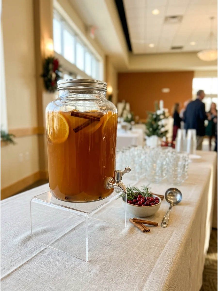 Amber spiced apple punch in a large glass dispenser at an event hall.