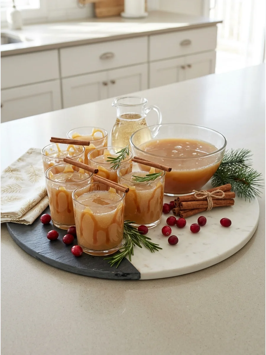 Caramel apple punch in glasses with caramel drizzle on a kitchen island.