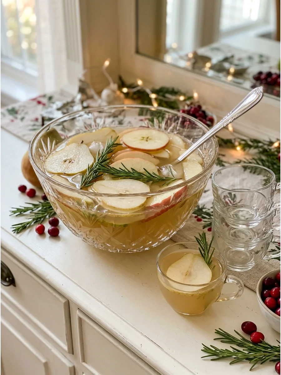 Pale gold apple pear punch in a crystal bowl on a dining room sideboard.