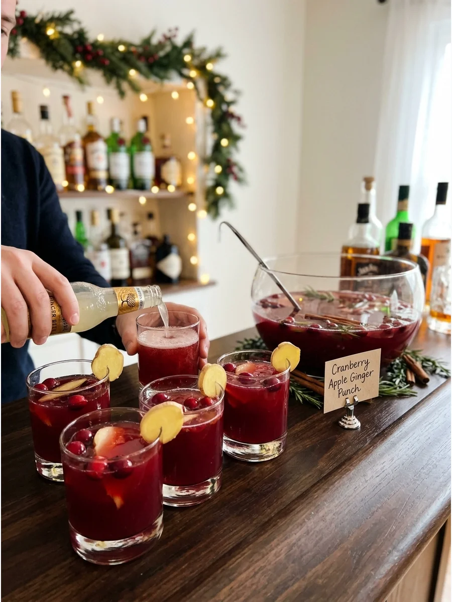 Deep red cranberry apple ginger punch in glasses on a home bar.