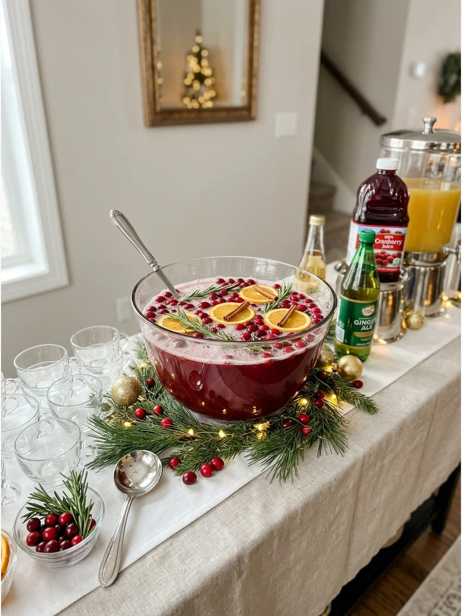 A festive red punch in a bowl on a buffet table decorated with evergreen branches.