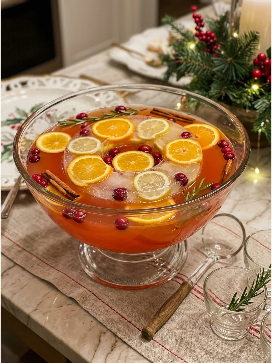 Citrus apple punch in a bowl with a large fruit-filled ice ring on a buffet table.