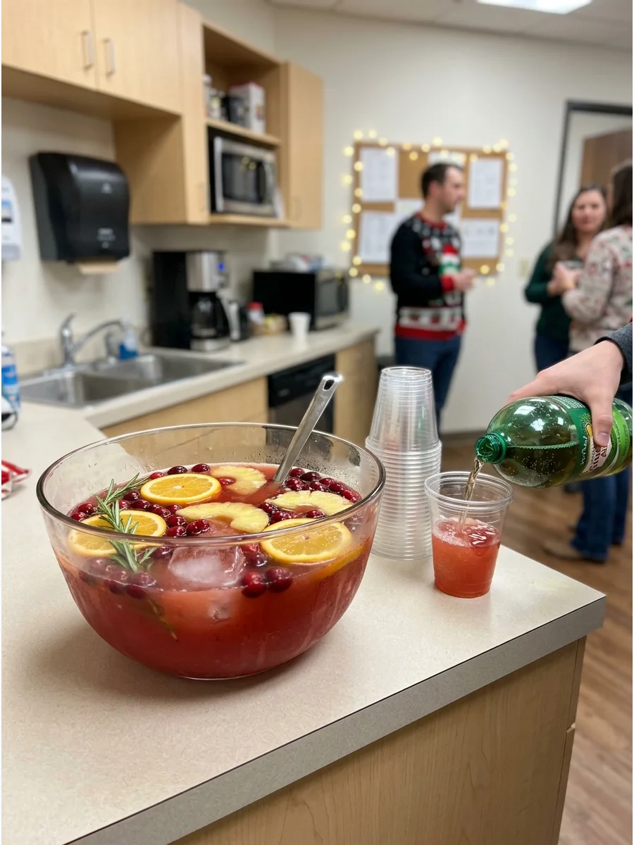 A punch bowl with rosemary garnishes on a breakroom table next to plastic cups.