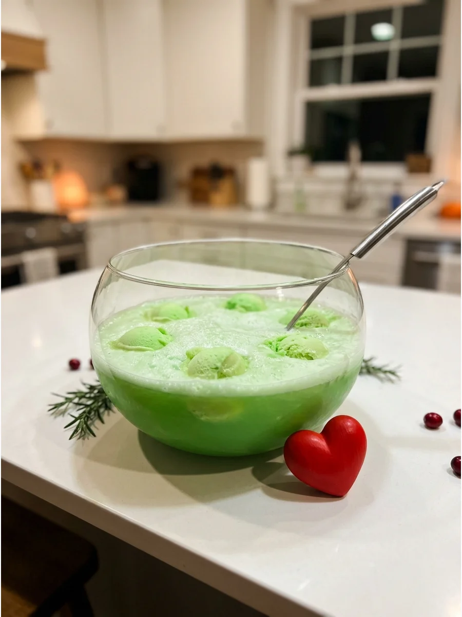 Bright green Grinch punch with lime sherbet in a glass bowl on a kitchen island.