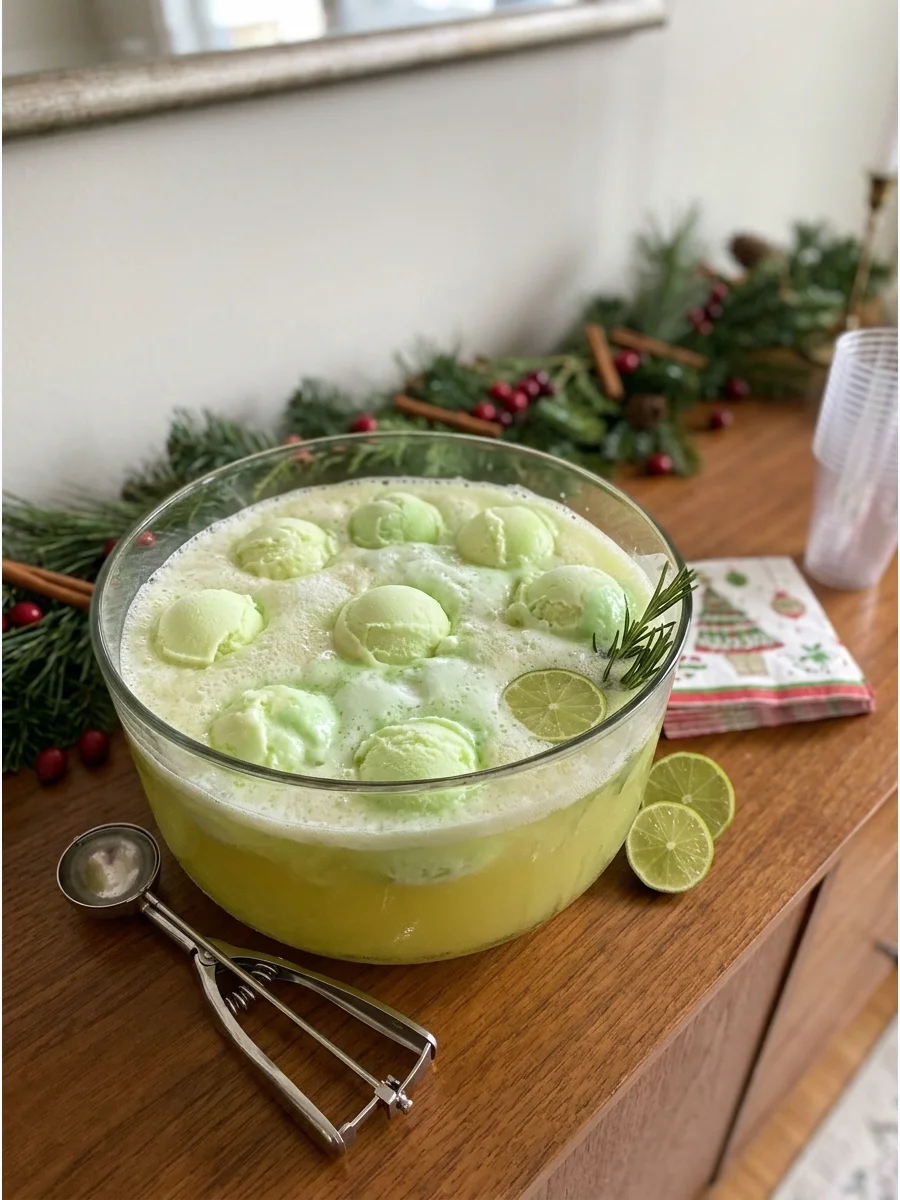 Lime sherbet punch with creamy green foam on a dining room sideboard.