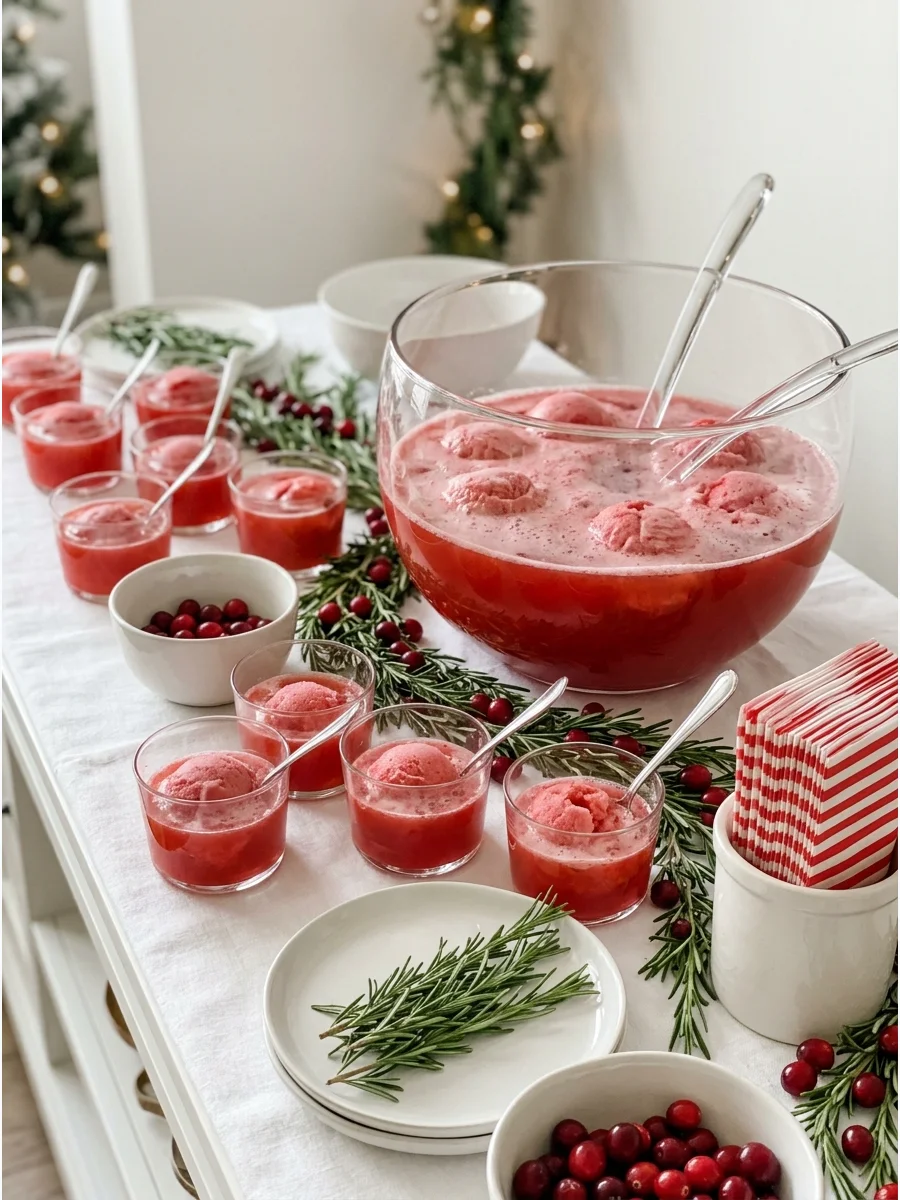 Red cranberry punch topped with pink raspberry sherbet on a buffet table.