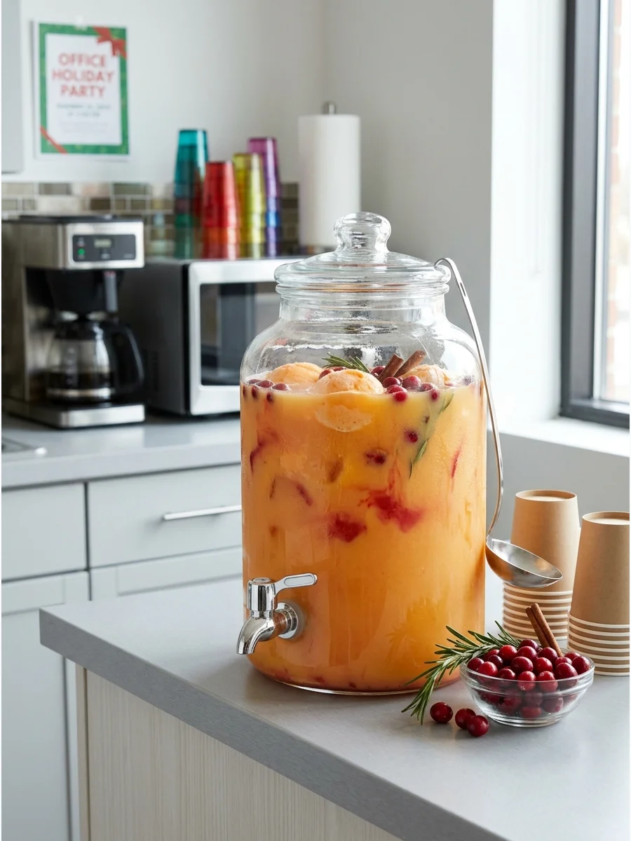 Orange sherbet holiday punch in a glass dispenser in an office breakroom.