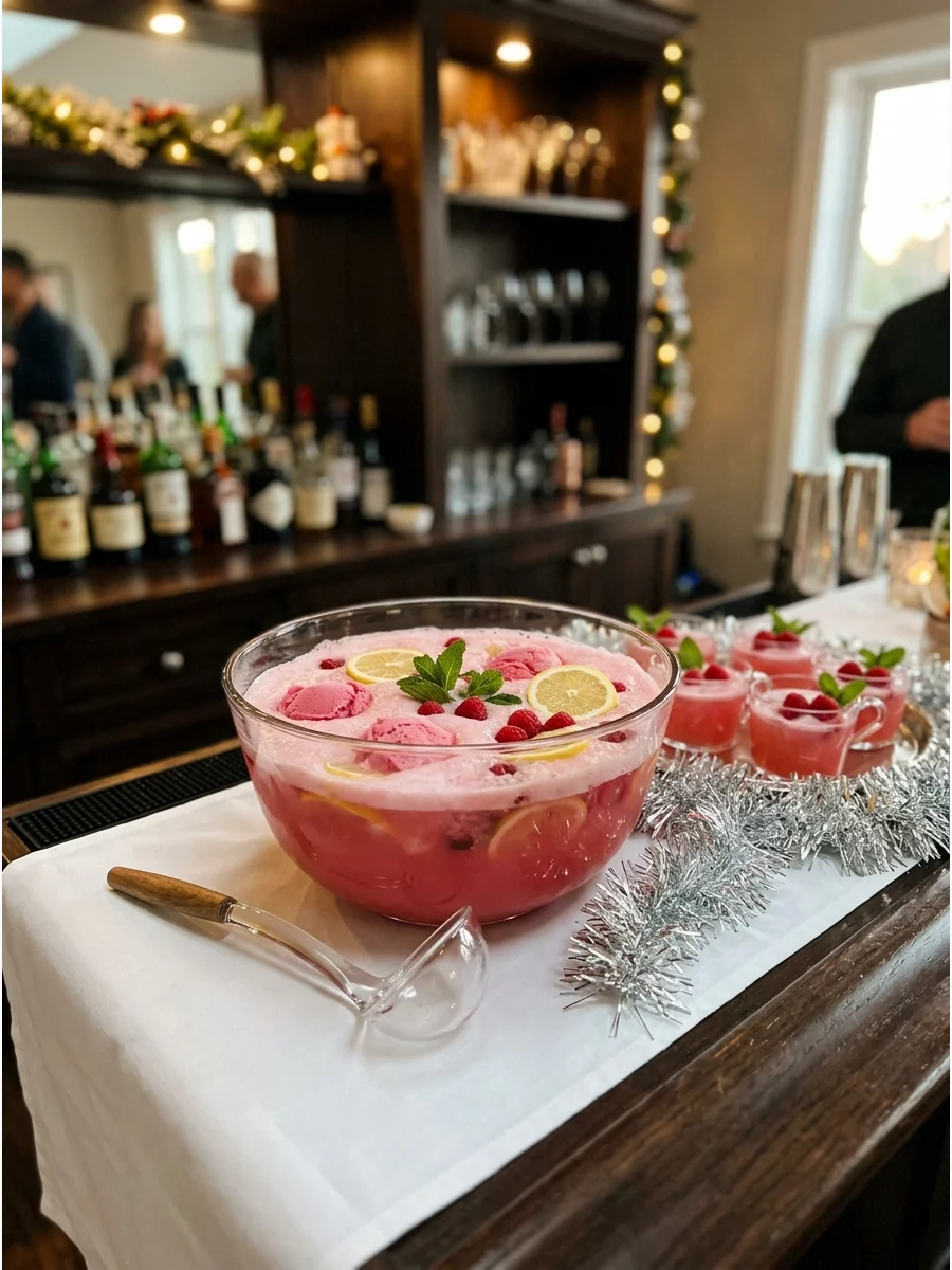 Pink Christmas sherbet punch in a glass bowl on a home bar.