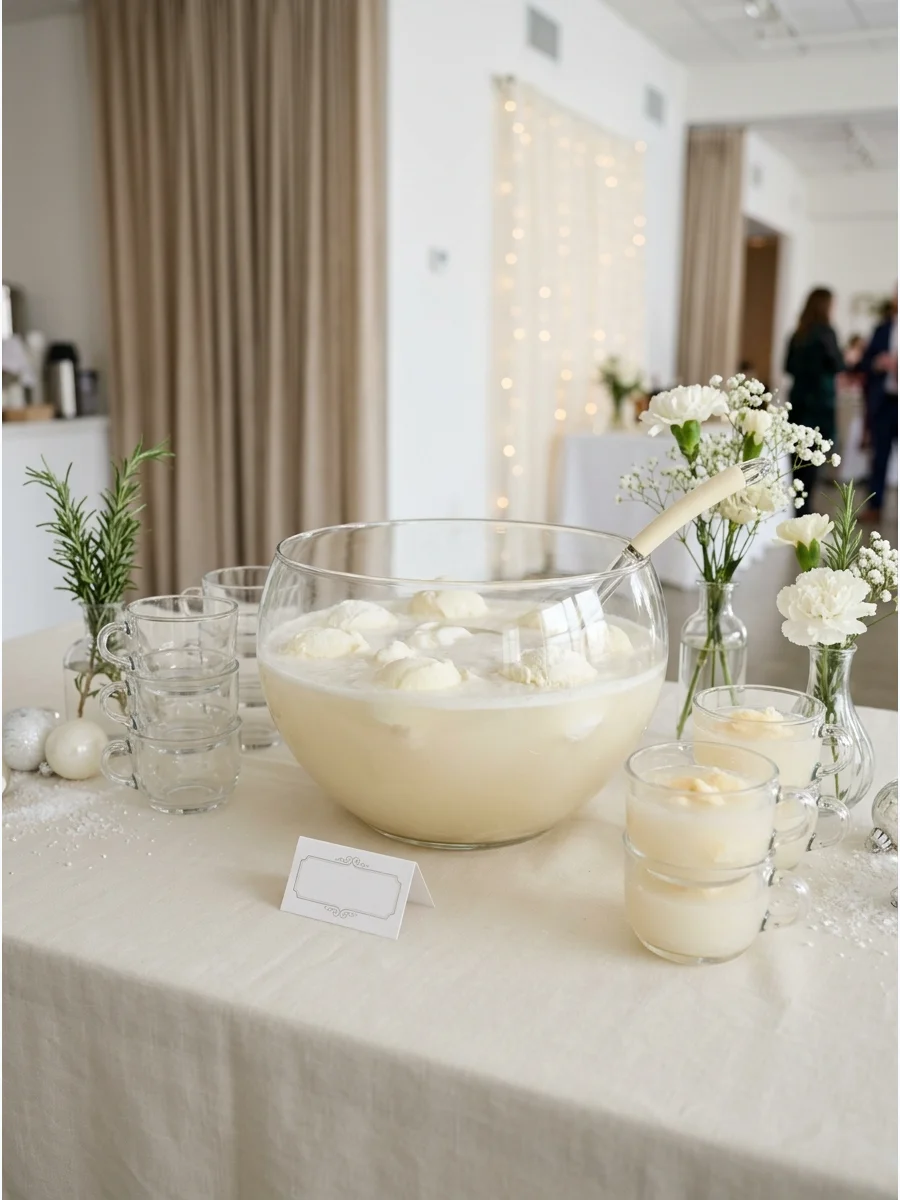 White Christmas snowball punch with vanilla sherbet in an event hall.