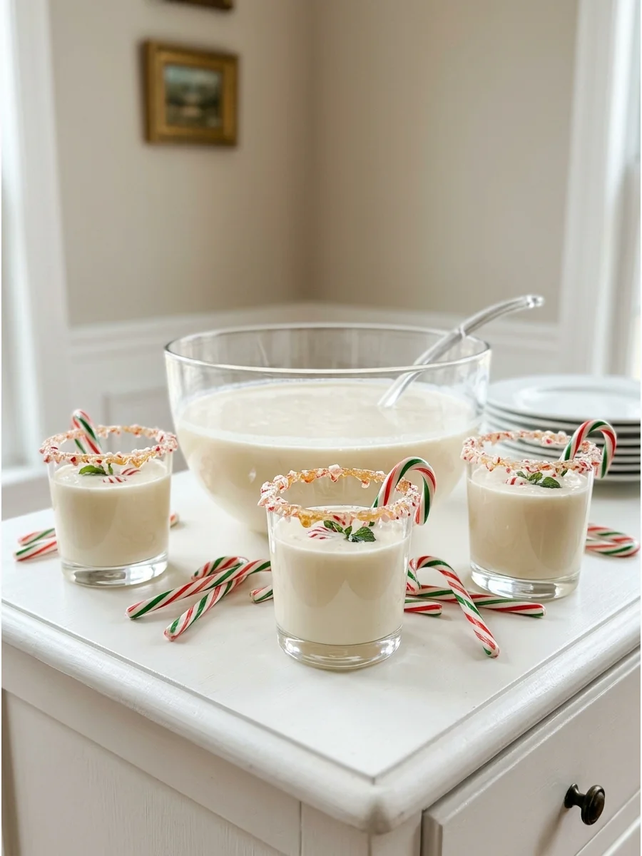 Peppermint Christmas punch with crushed candy cane garnish on a sideboard.