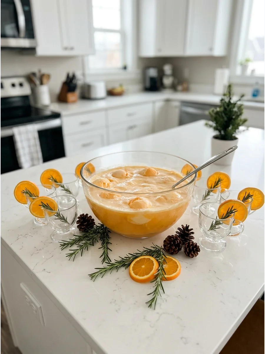 Orange and vanilla creamsicle punch in a glass bowl on a kitchen island.