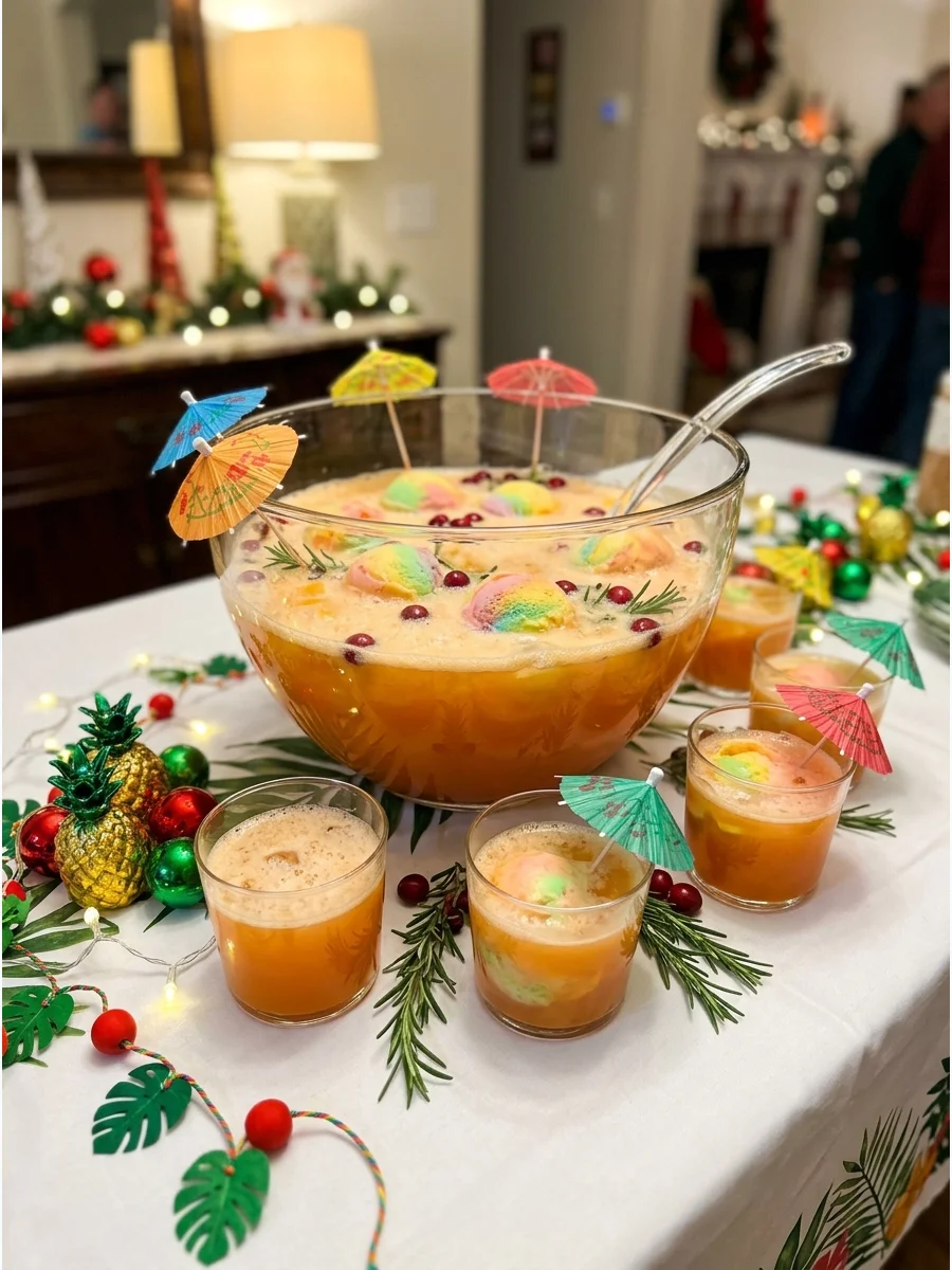 Tropical Christmas punch with rainbow sherbet on a buffet table.