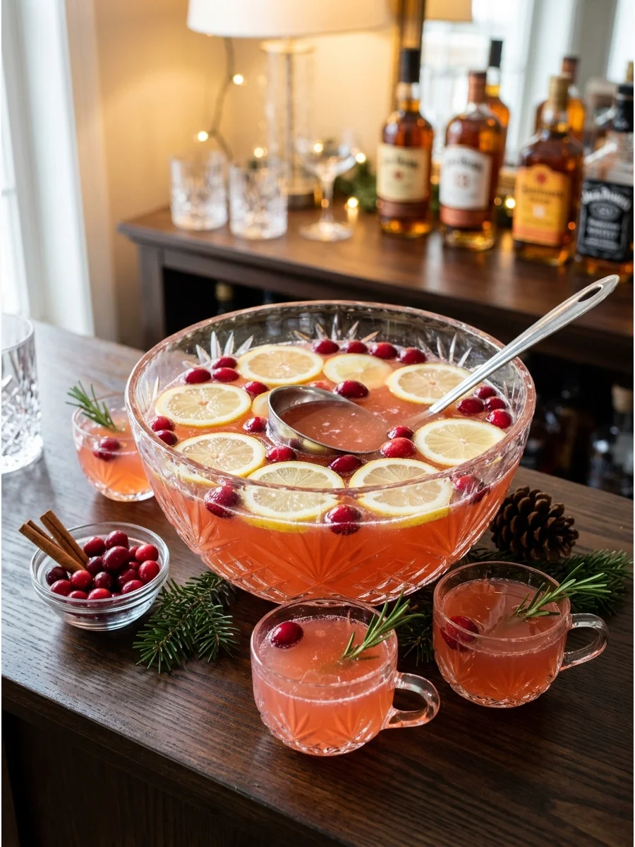 Crystal punch bowl on a home bar filled with lemon and cranberry punch.