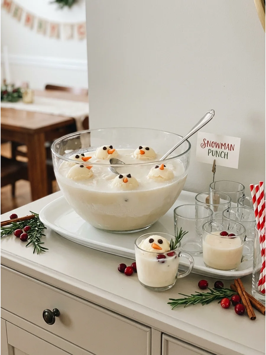 White snowman punch with decorated vanilla sherbet scoops on a sideboard.