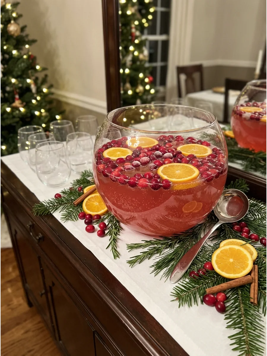 A sparkling cranberry prosecco punch in a glass bowl with orange slices.