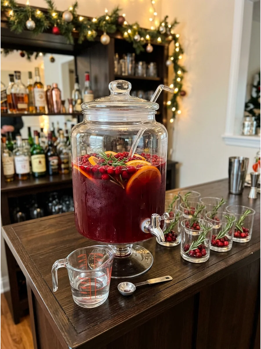 A red cranberry vodka punch inside a glass dispenser on a home bar.