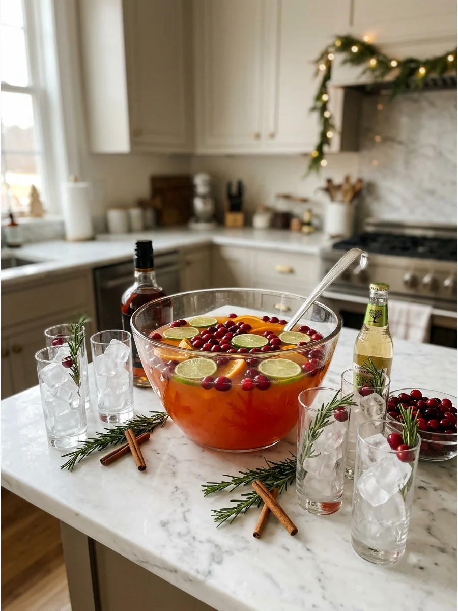 Tropical themed rum punch with lime and cranberry garnishes.