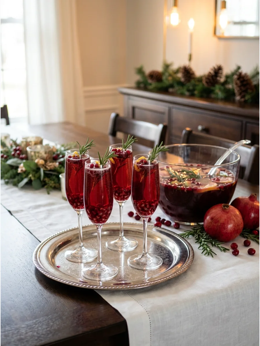Pomegranate prosecco punch in flutes with rosemary sprigs.
