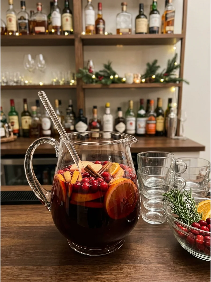 Red wine holiday punch with cinnamon sticks and fruit.